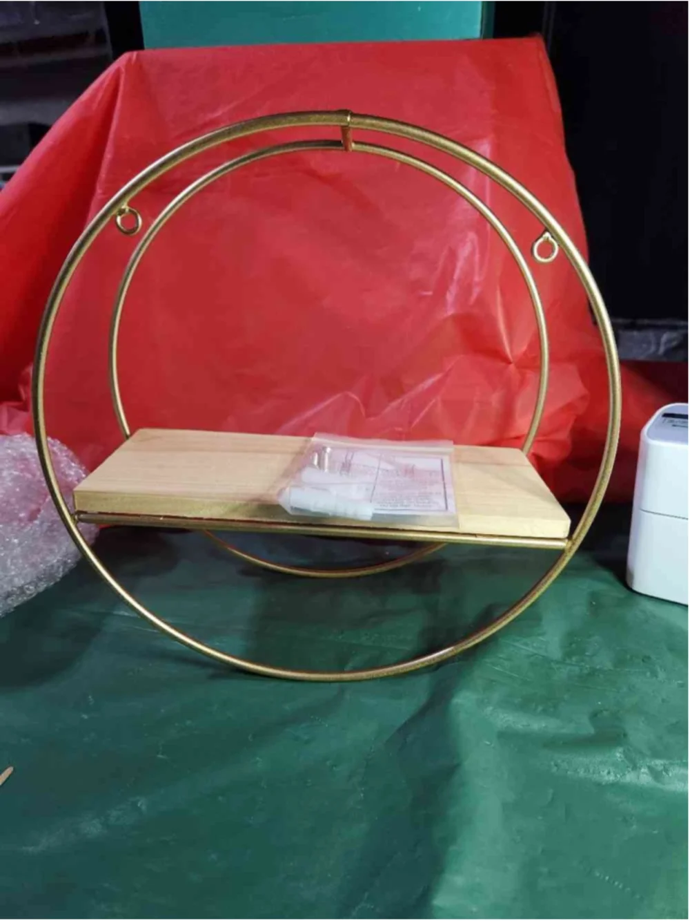 Gold Metal Round Shelf Wood Floating Display Decor